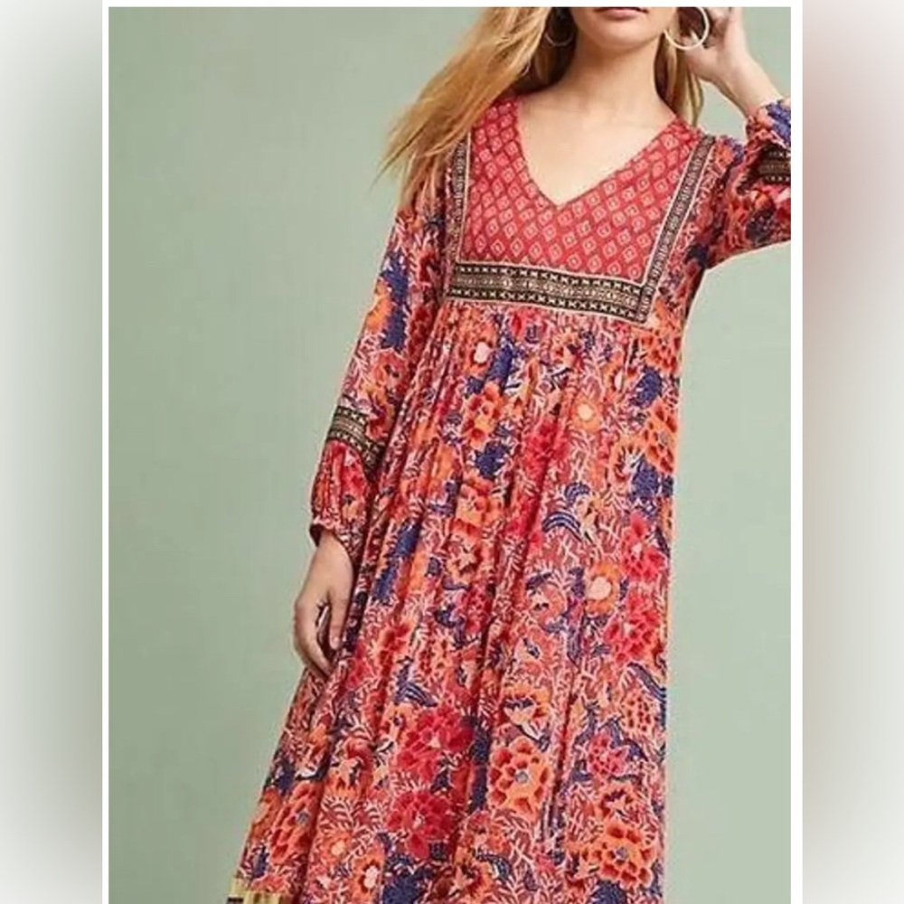 Anthropologie RD + Koko Floral Jacinto Peasant Dress Size XS Boho